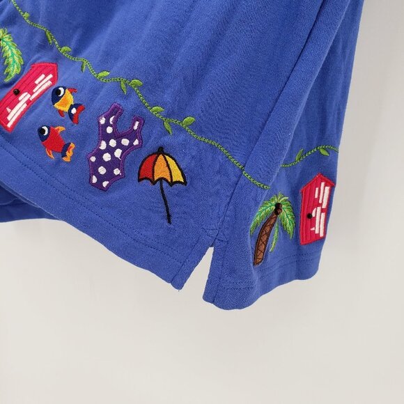 BECHAMEL Vacation Themed Embroidered Blue Cotton Button Down Top M - Picture 7 of 9
